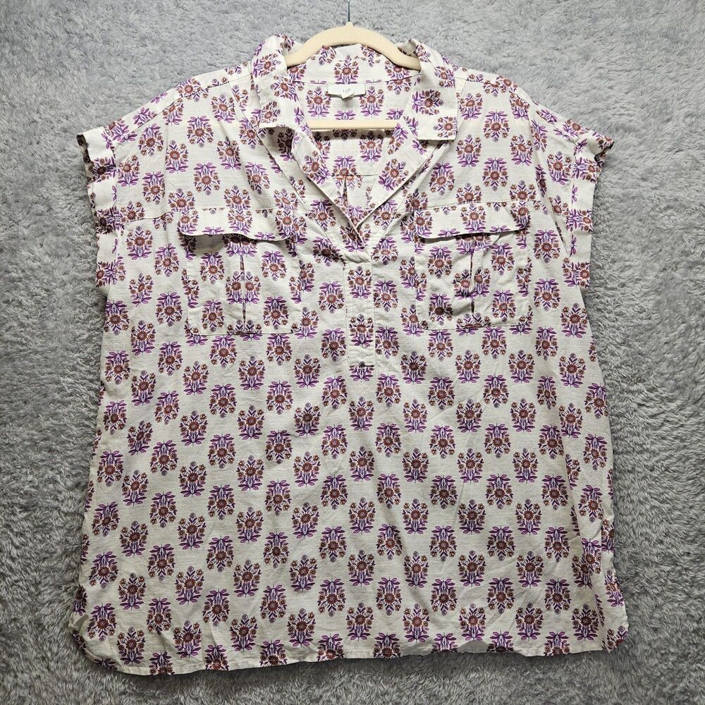 J Jill Womens White Floral Cotton Shirt Size Large Collared Spring Purple Casual